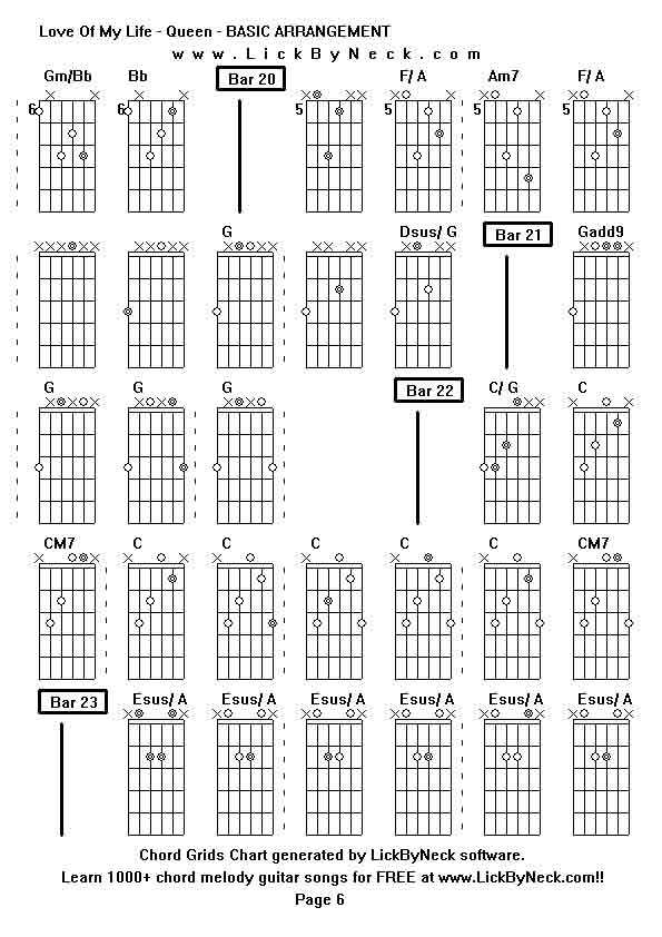 Chord Grids Chart of chord melody fingerstyle guitar song-Love Of My Life - Queen - BASIC ARRANGEMENT,generated by LickByNeck software.